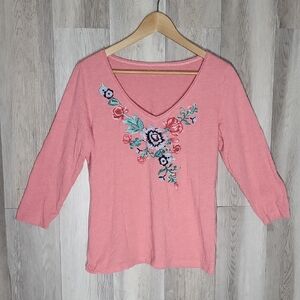 Garnet Hill Womens M Blouse Embroidered V Neck 3/4 Sleeve Floral Lightweight